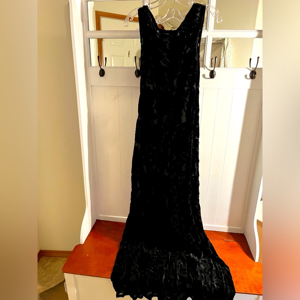 Velvet cut black drape neck evening dress. Lisa Baday Evening.